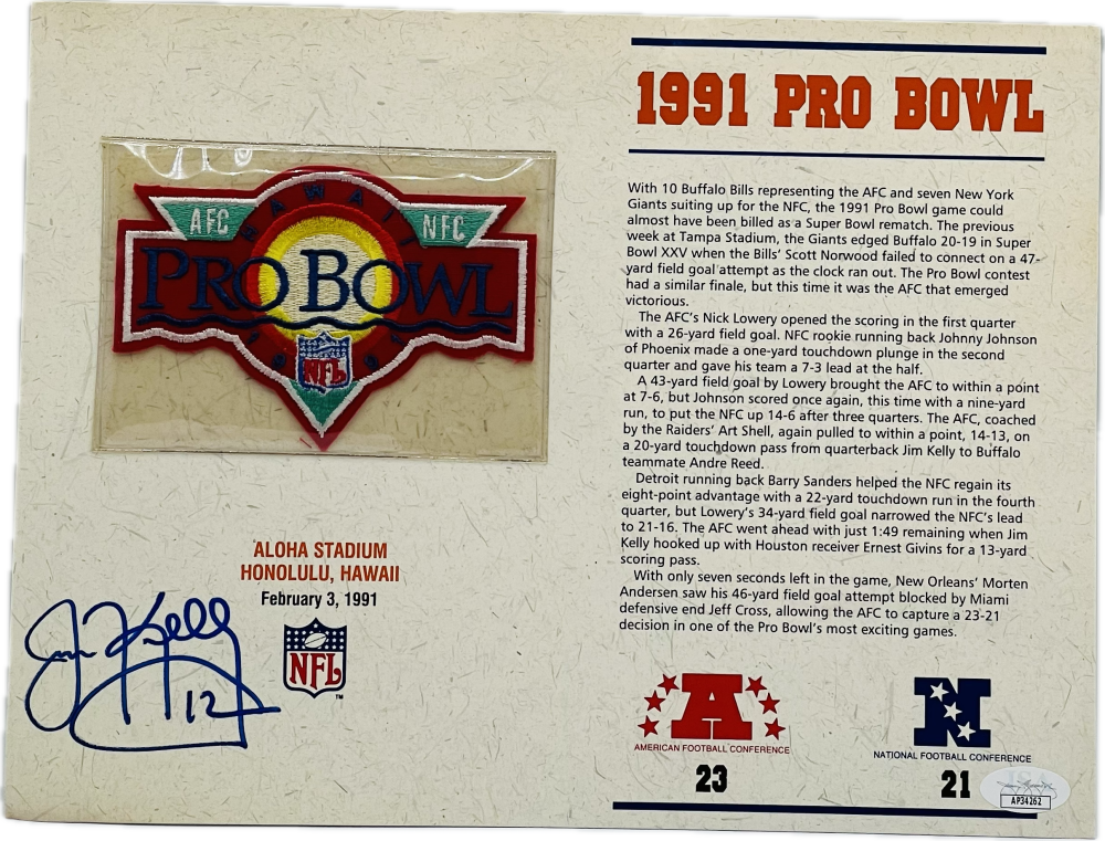 Jim Kelly Autograph Signed NFL 1991 Pro Bowl Patch Bills JSA Authentic  Image 1