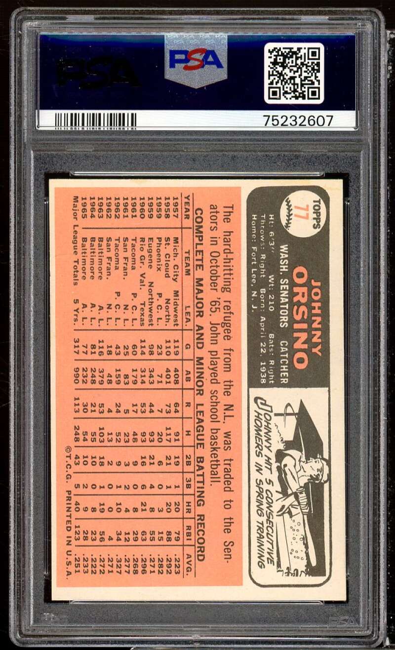 Johnny Orsino Card 1966 Topps #77 PSA 8 Image 2