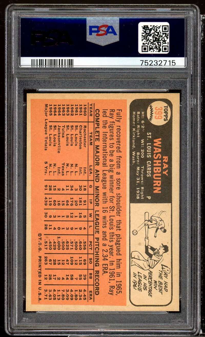 Ray Washburn Card 1966 Topps #399 PSA 8 Image 2