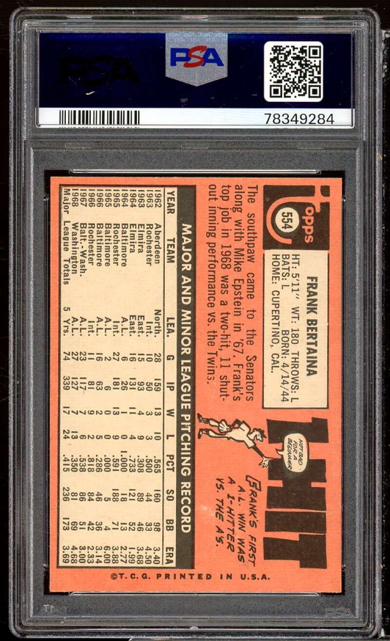 Frank Bertaina Card 1969 Topps #554 PSA 8 Image 2