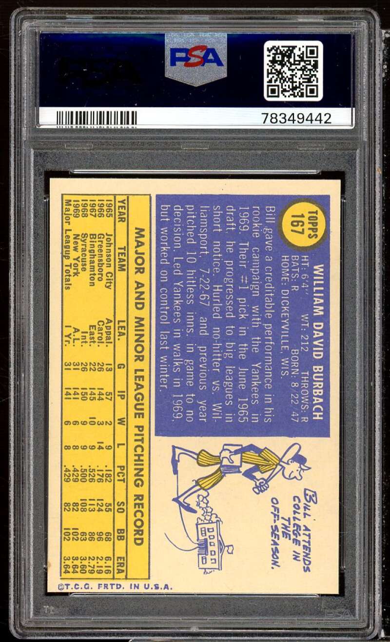 Bill Burbach Card 1970 Topps #167 PSA 8 Image 2