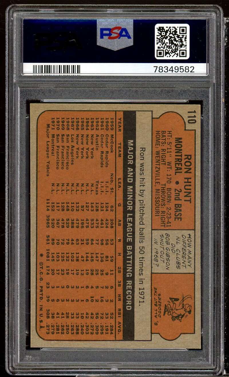 Ron Hunt Card 1972 Topps #110 PSA 9 Image 2