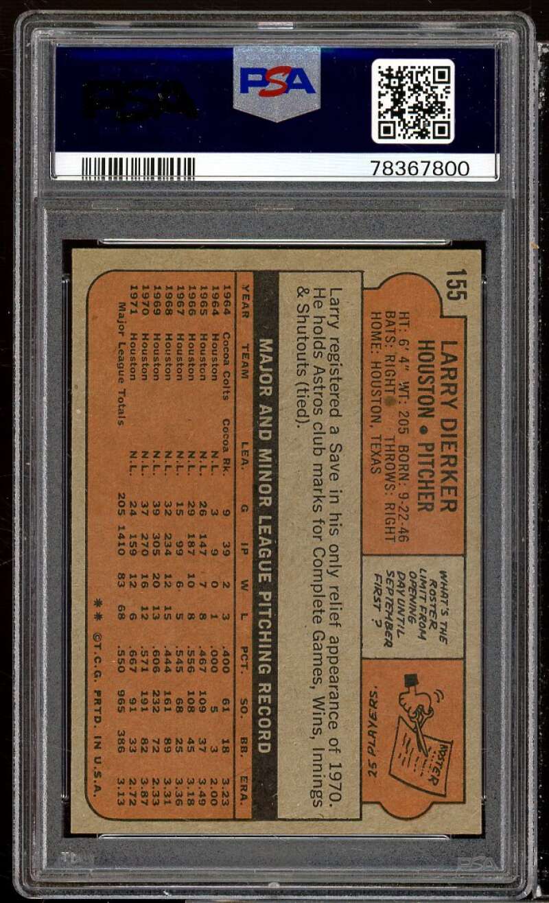 Larry Dierker Card 1972 Topps #155 PSA 9 Image 2