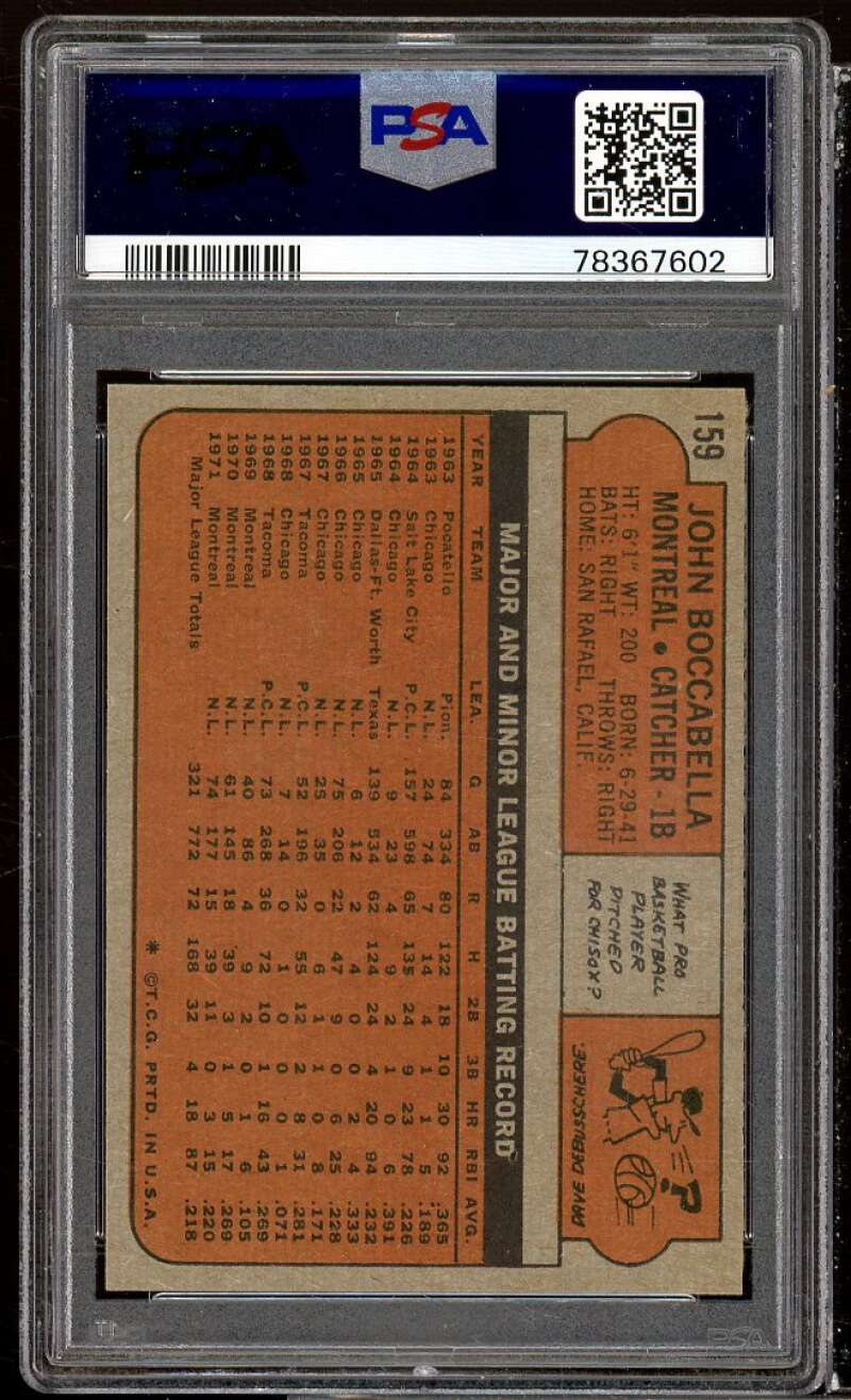 John Boccabella Card 1972 Topps #159 PSA 9 Image 2