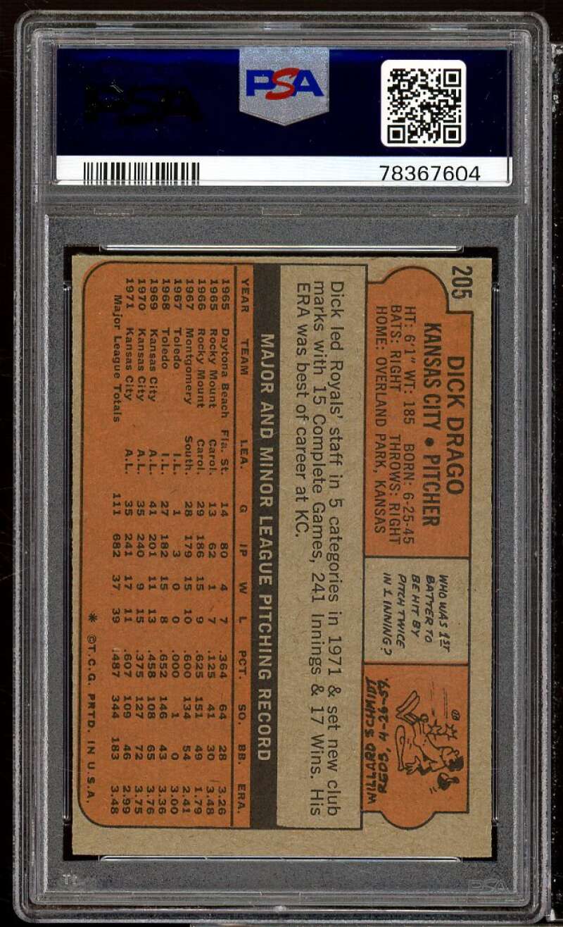 Dick Drago Card 1972 Topps #205 PSA 9 Image 2