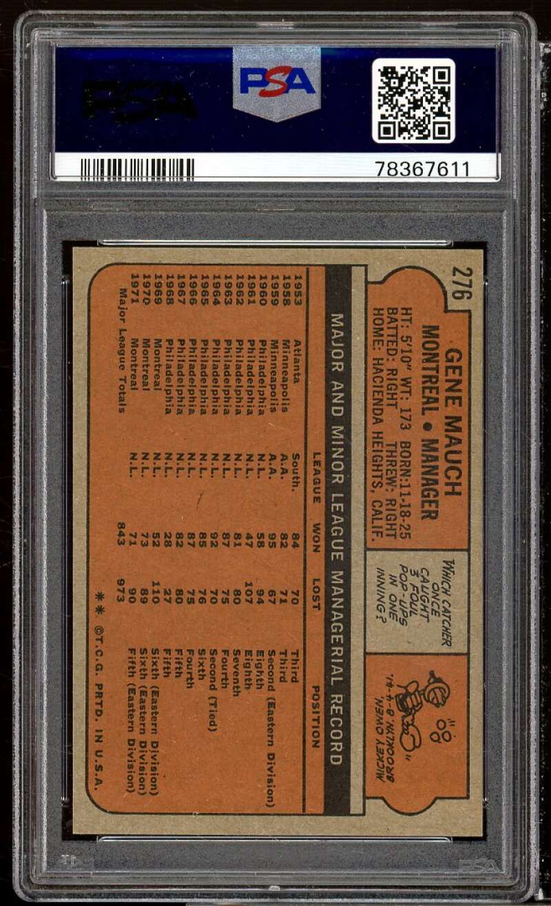 Gene Mauch Card 1972 Topps #276 PSA 9 Image 2