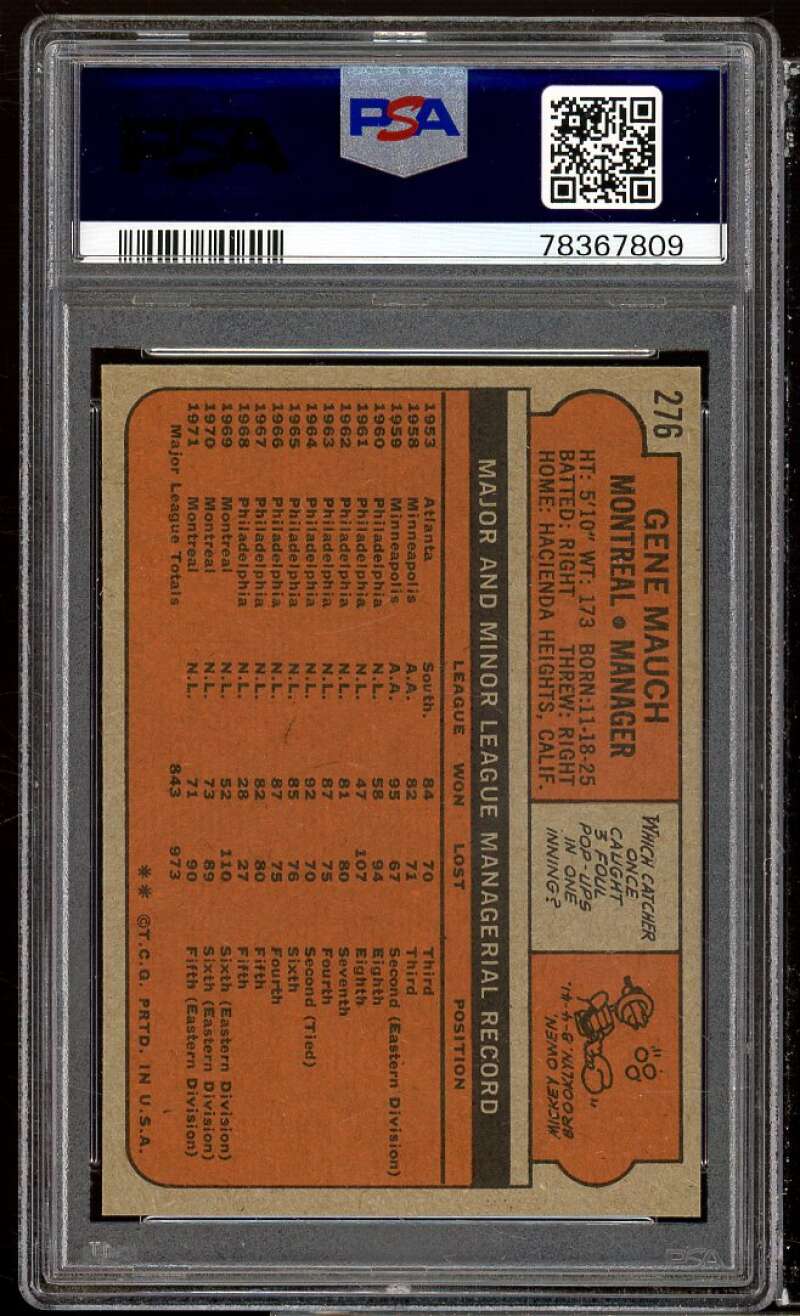 Gene Mauch Card 1972 Topps #276 PSA 9 Image 2