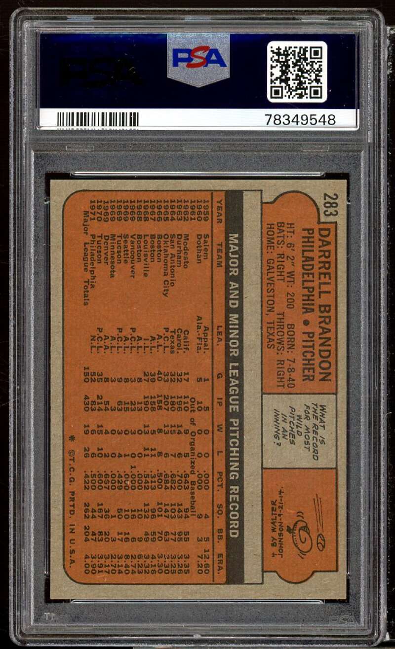 Darrell Brandon Card 1972 Topps #283 PSA 9 Image 2