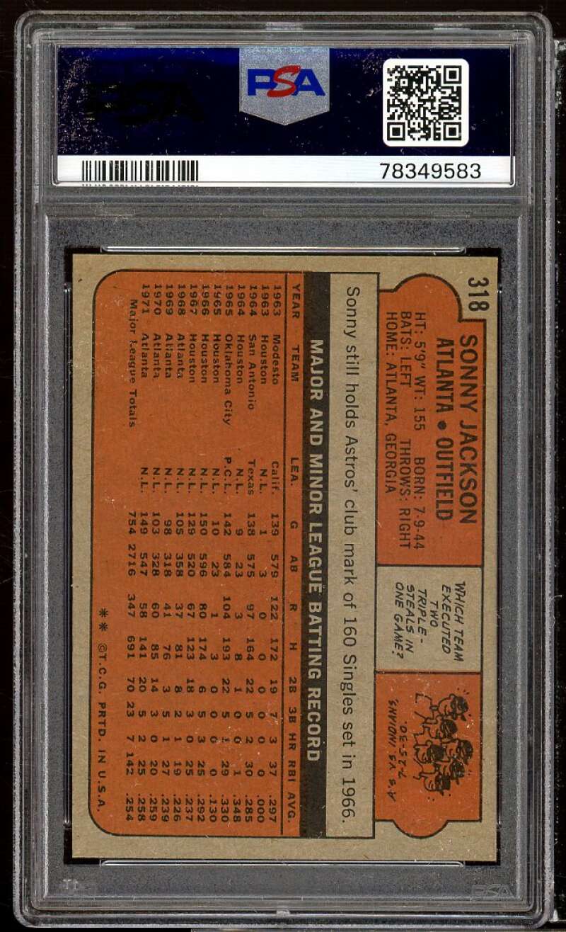 Sonny Jackson Card 1972 Topps #318 PSA 9 Image 2