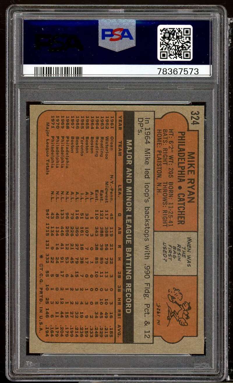 Mike Ryan Card 1972 Topps #324 PSA 9 Image 2