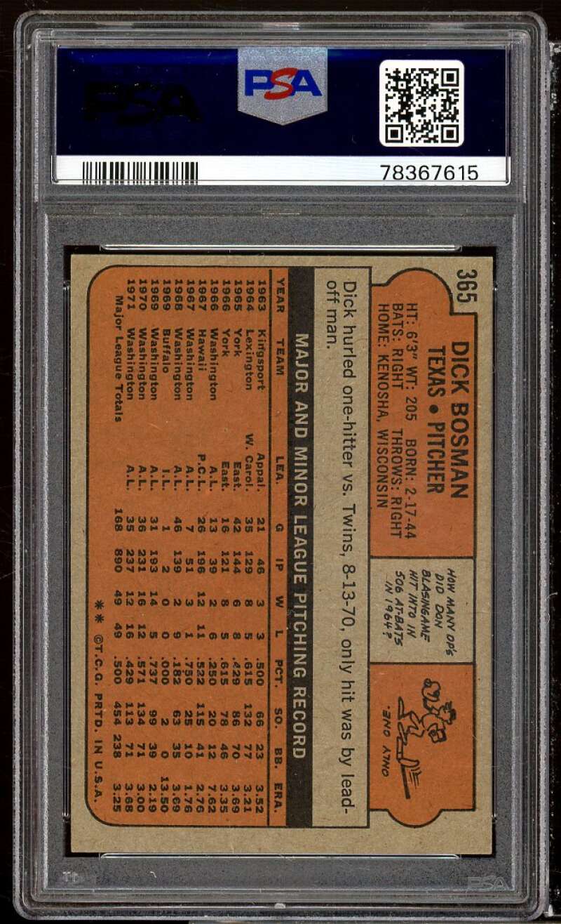 Dick Bosman Card 1972 Topps #365 PSA 8.5 Image 2