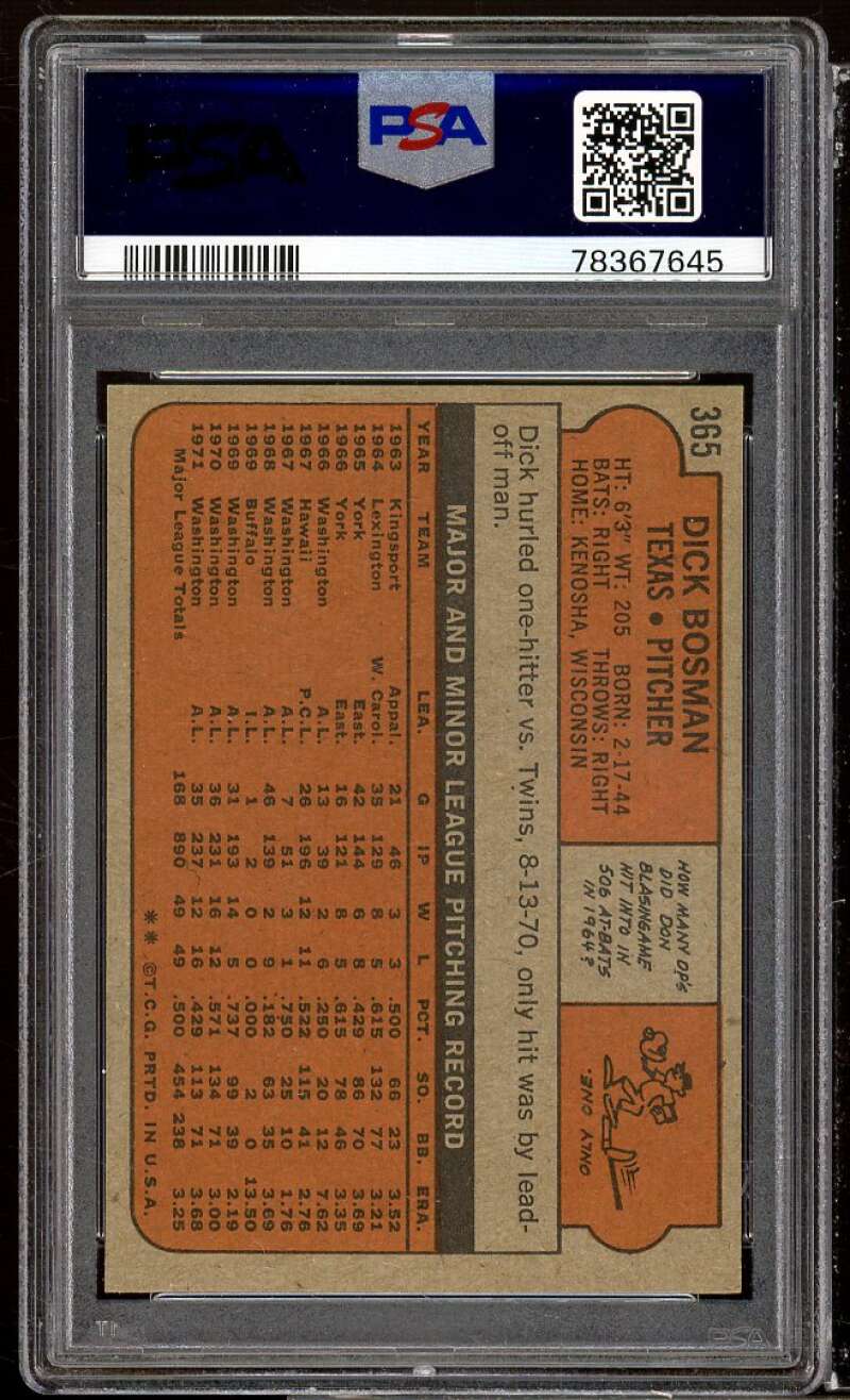 Dick Bosman Card 1972 Topps #365 PSA 9 Image 2