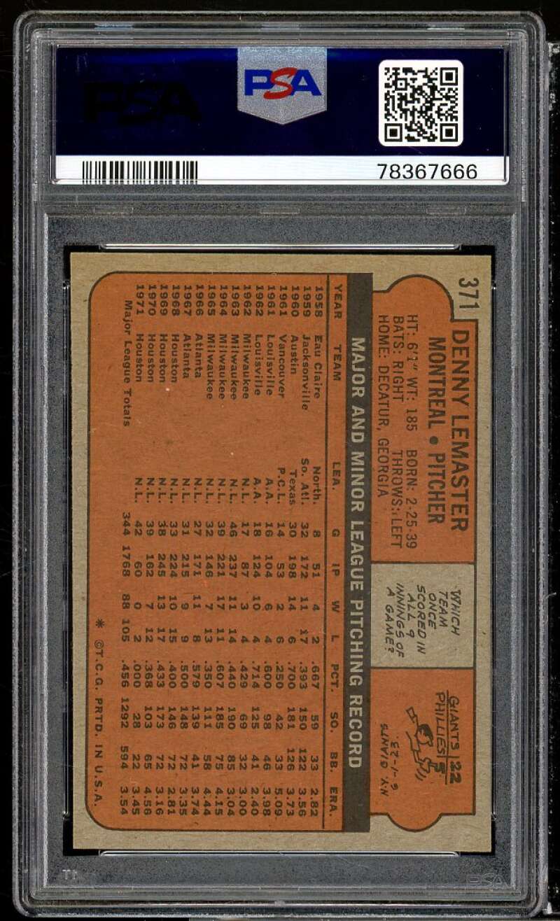 Denny Lemaster Card 1972 Topps #371 PSA 9 Image 2