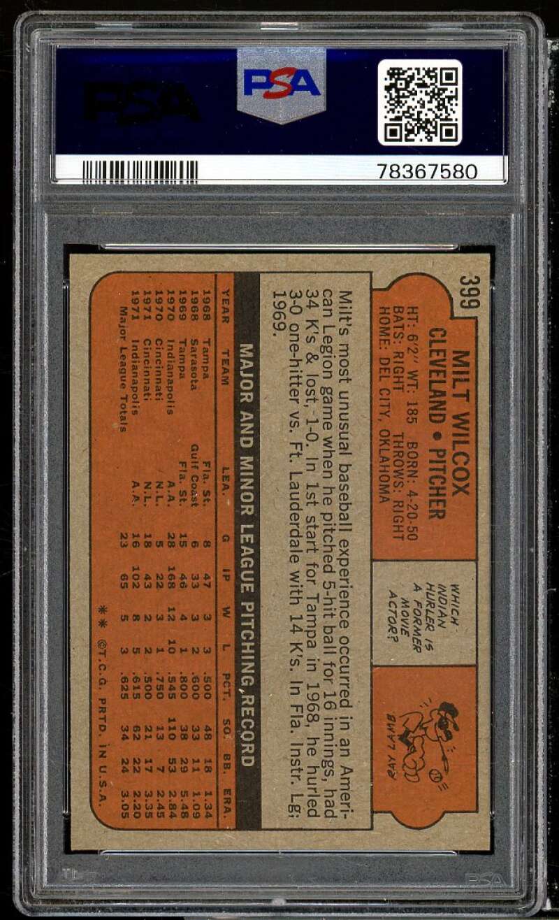 Milt Wilcox Card 1972 Topps #399 PSA 9 Image 2