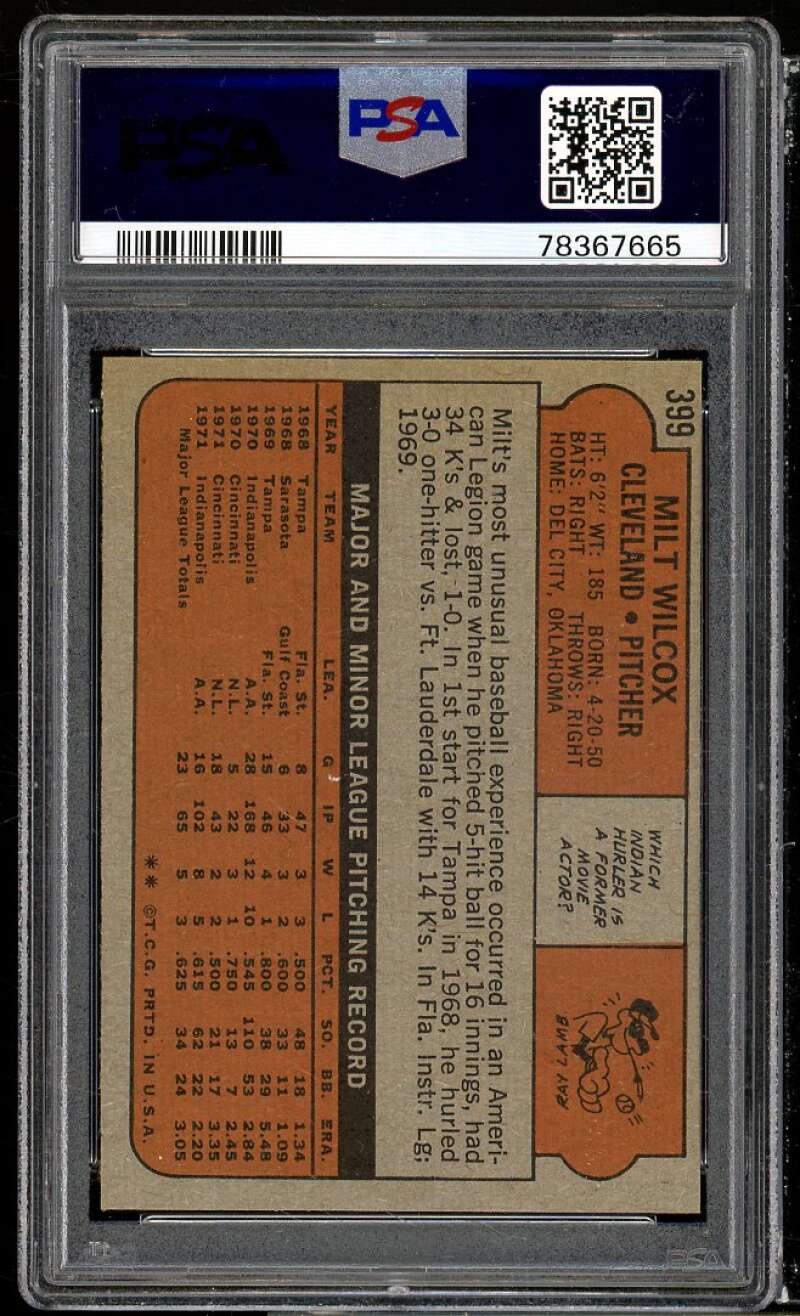 Milt Wilcox Card 1972 Topps #399 PSA 9 Image 2