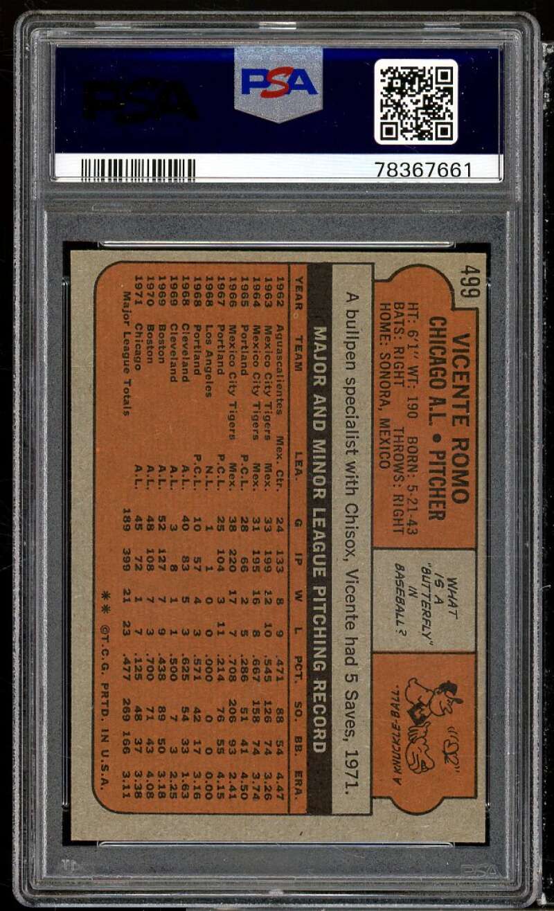 Vicente Romo Card 1972 Topps #499 PSA 9 Image 2