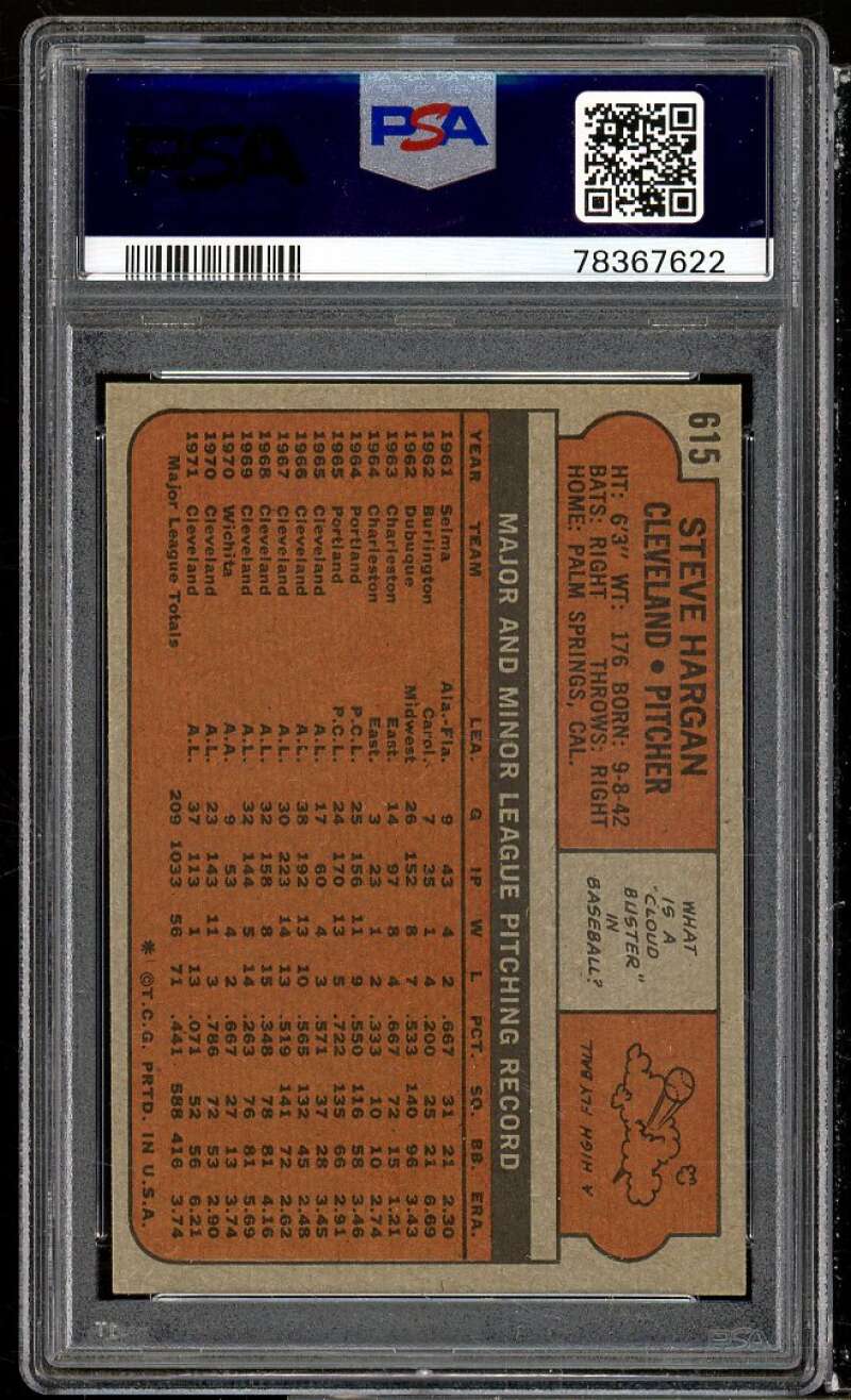 Steve Hargan Card 1972 Topps #615 PSA 9 Image 2