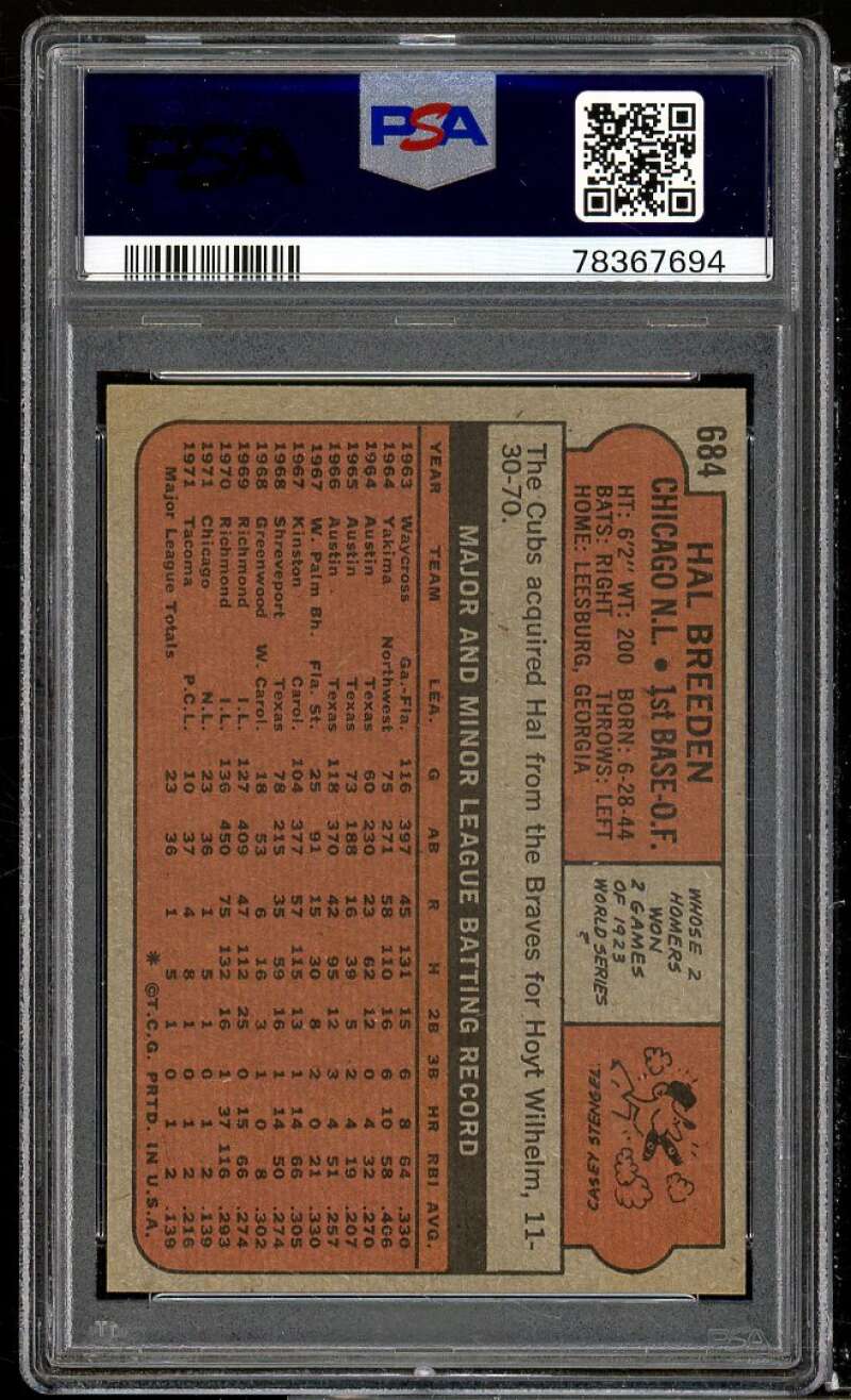 Hal Breeden Card 1972 Topps #684 PSA 9 Image 2