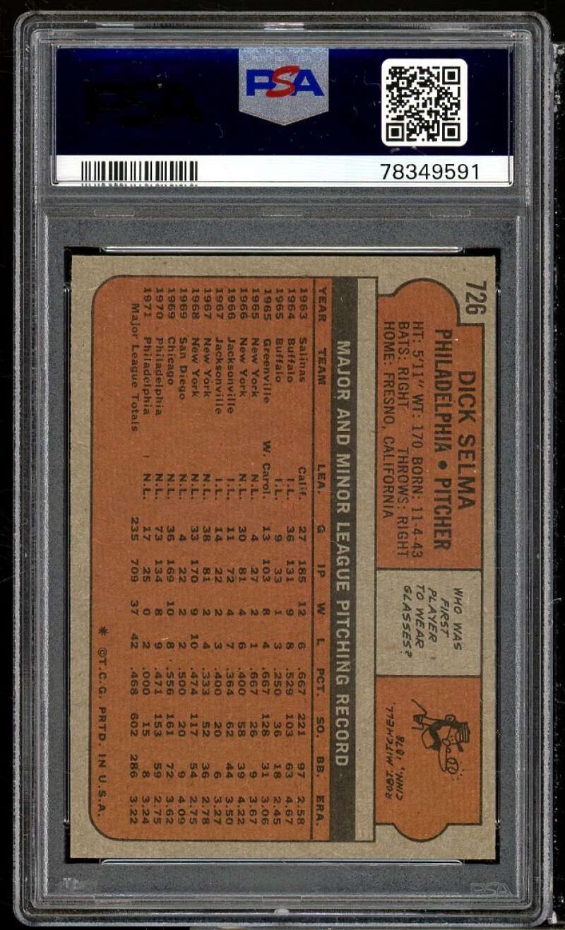 Dick Selma Card 1972 Topps #726 PSA 9 Image 2