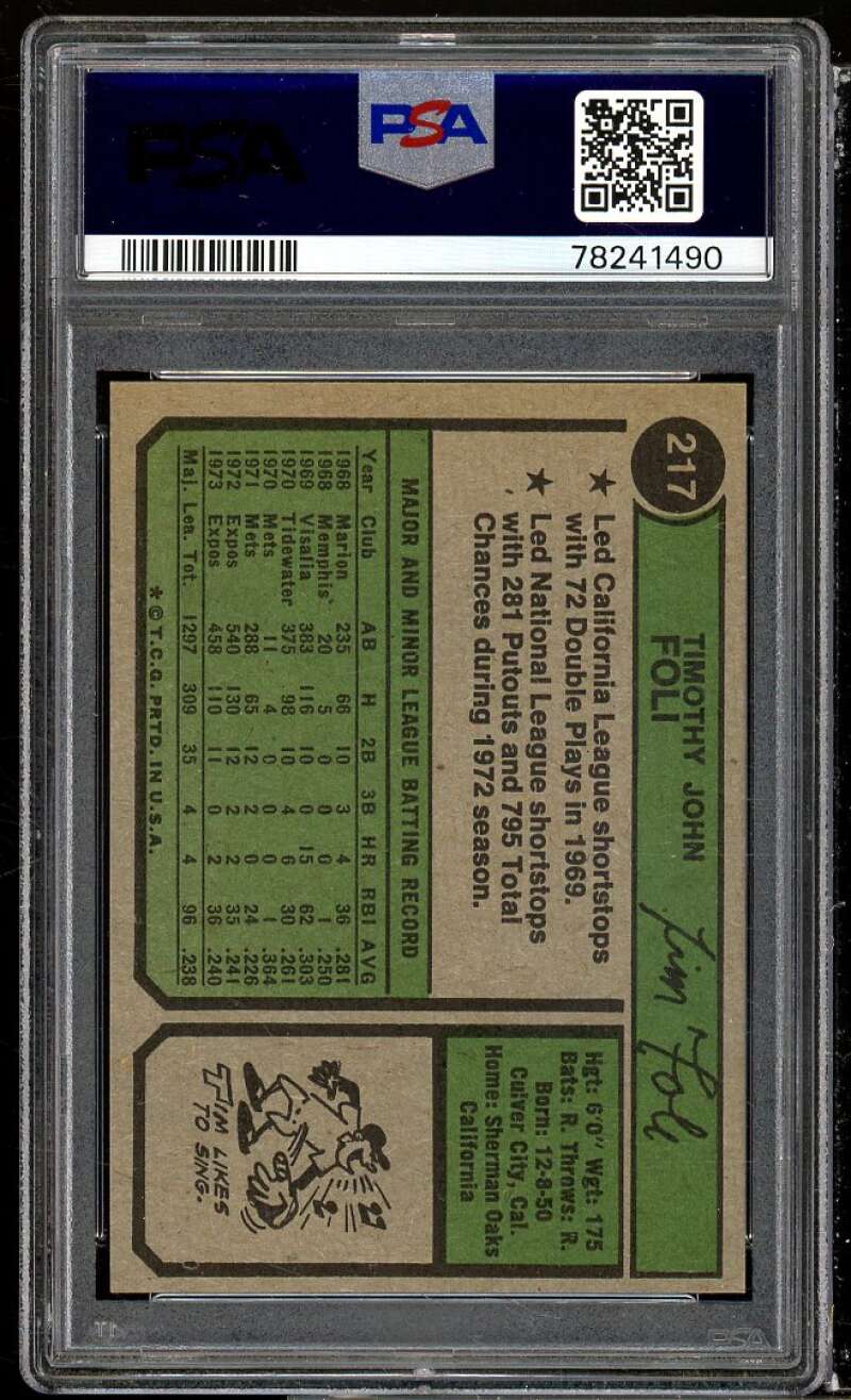 Tim Foli Card 1974 Topps #217 PSA 9 Image 2