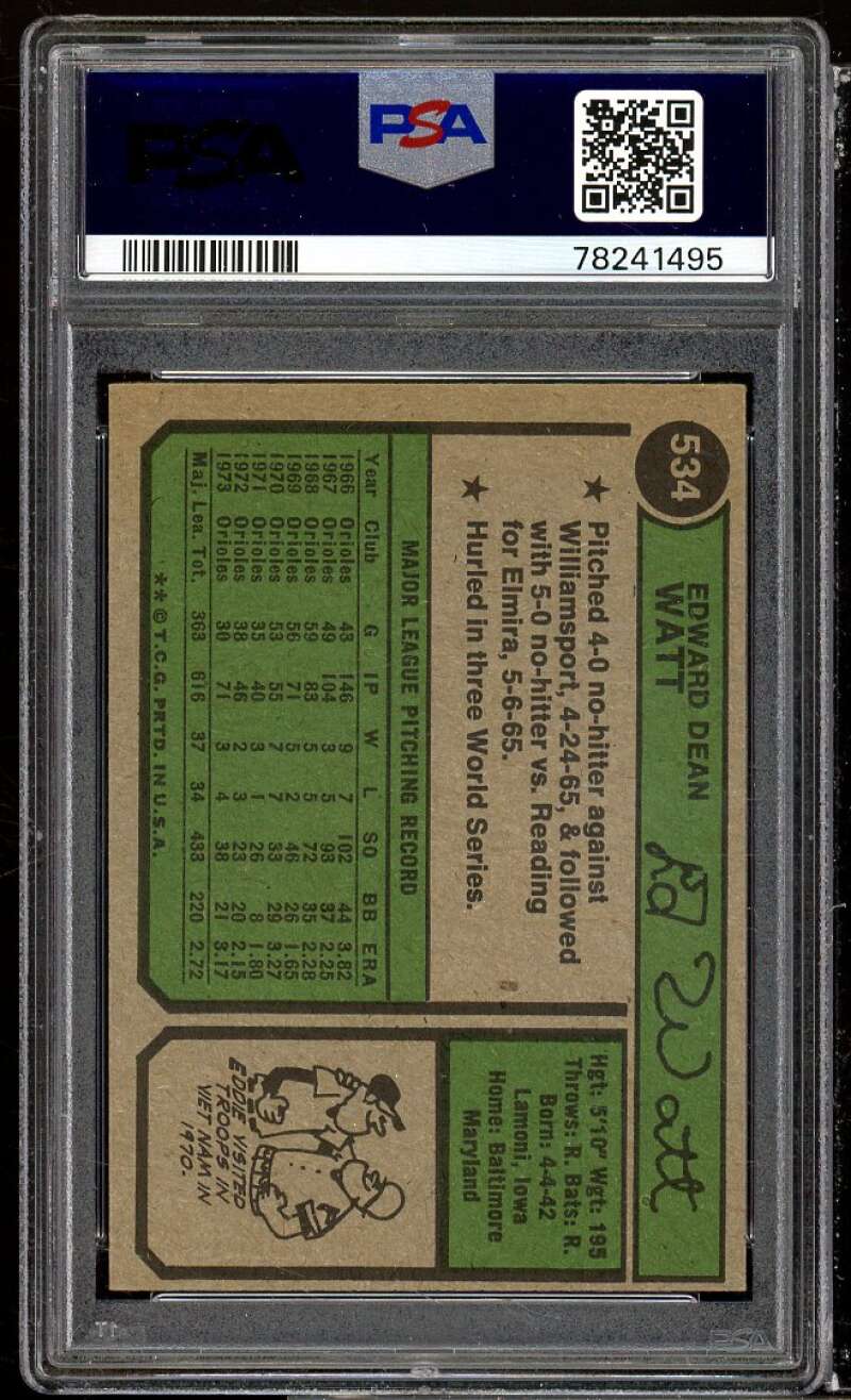 Eddie Watt Card 1974 Topps #534 PSA 9 Image 2