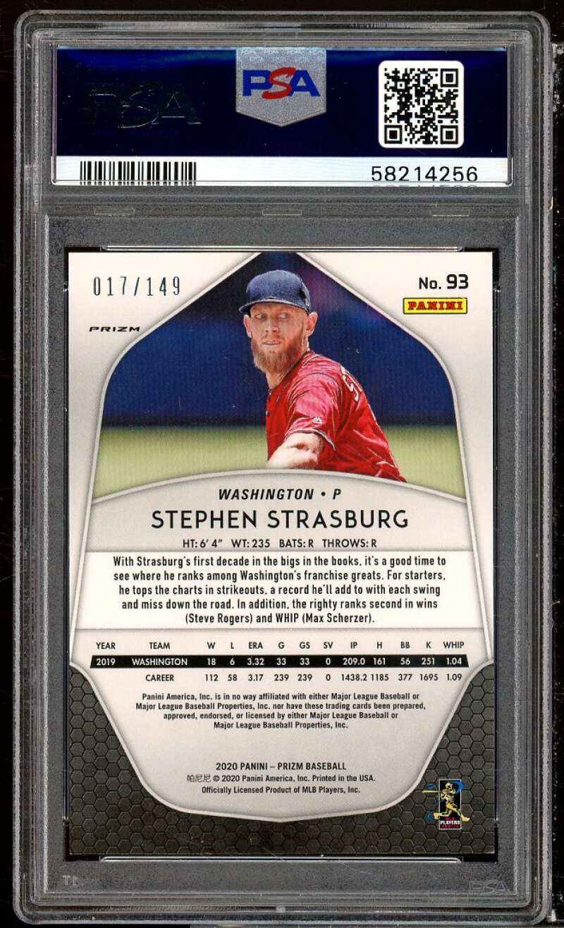 Stephen Strasburg Card 2020 Panini Prizm Red Mojo Prizm #93 PSA 9 Image 2