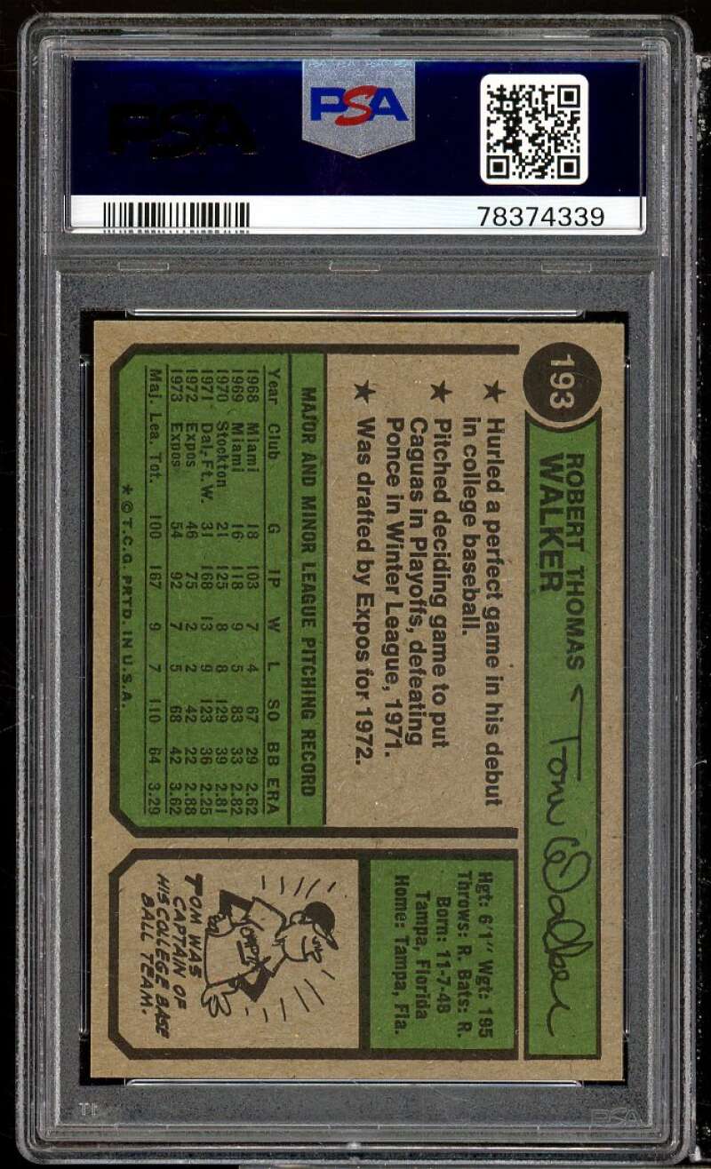 Tom Walker Card 1974 Topps #193 PSA 8 Image 2