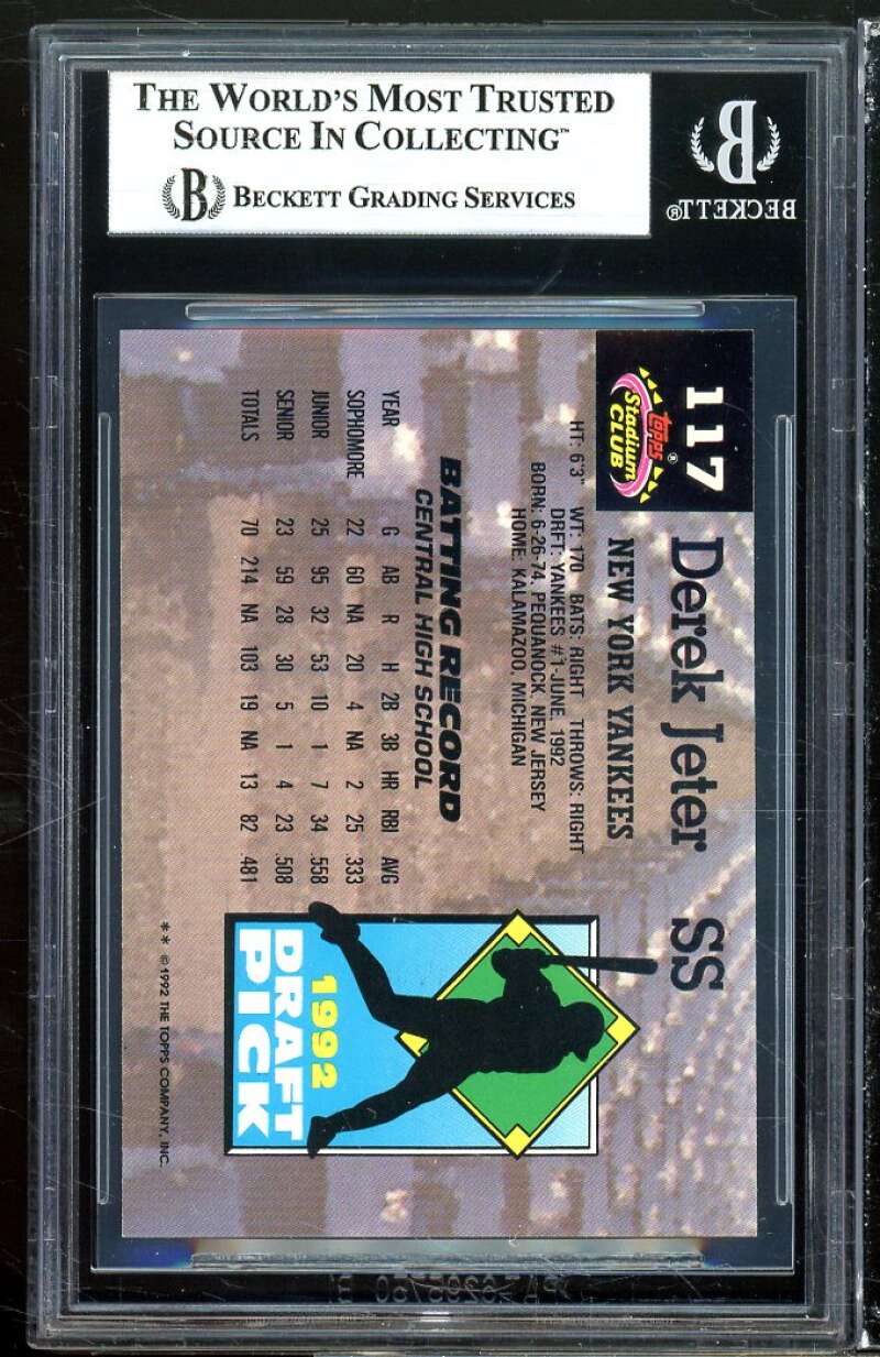 Derek Jeter Rookie Card 1993 Stadium Club Murphy #117 BGS 9 (9.5 9 9 9) Image 2