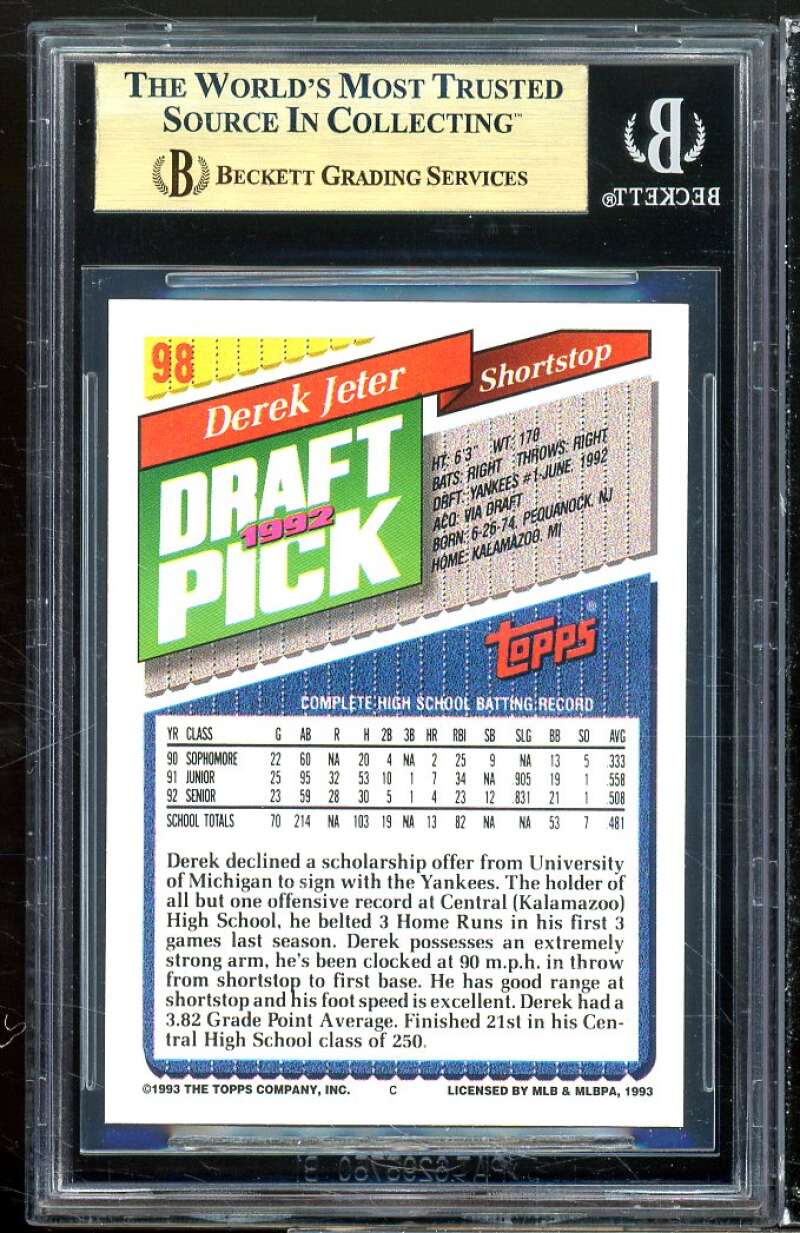 Derek Jeter Rookie Card 1993 Topps #98 BGS 9.5 (9.5 9 9.5 9.5) Image 2