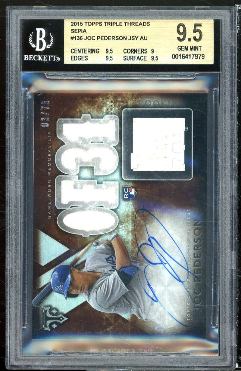 Joc Pederson Rookie 2015 Topps Triple Threads Sepia Jersey Auto #136 BGS 9.5 Image 1