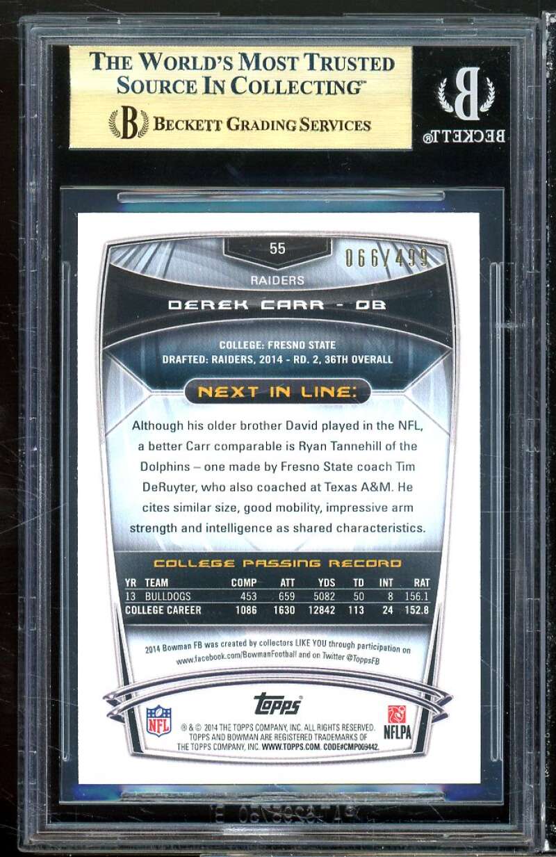 Derek Carr Rookie 2014 Bowman Rainbow Blue #55 (pop 2) BGS 9.5 (9.5 9.5 9.5 10) Image 2