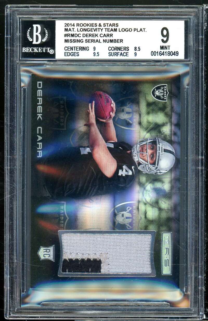 Derek Carr Rookie 2014 Rookies Stars Mat Longevity Team Logo Plat #rmdc BGS 9 Image 1