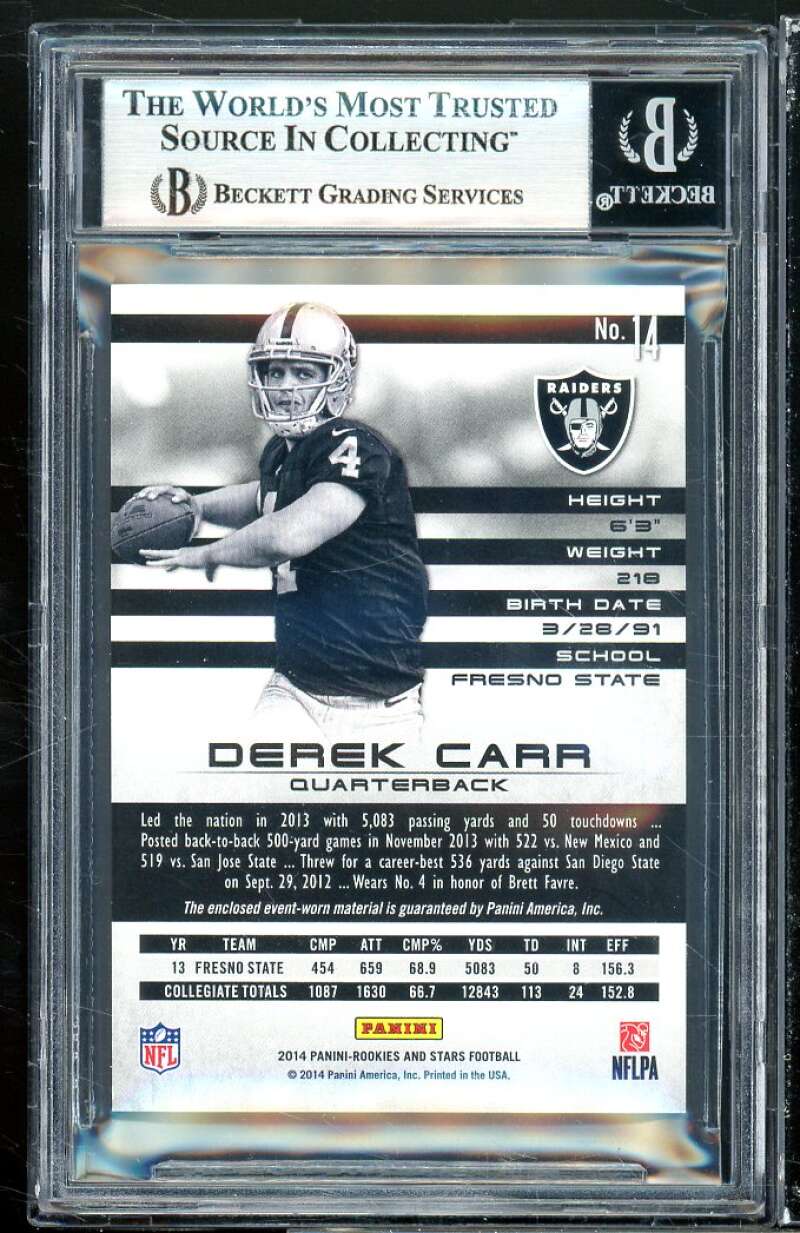 Derek Carr Rookie 2014 Rookies Stars Mat Longevity Team Logo Plat #rmdc BGS 9 Image 2