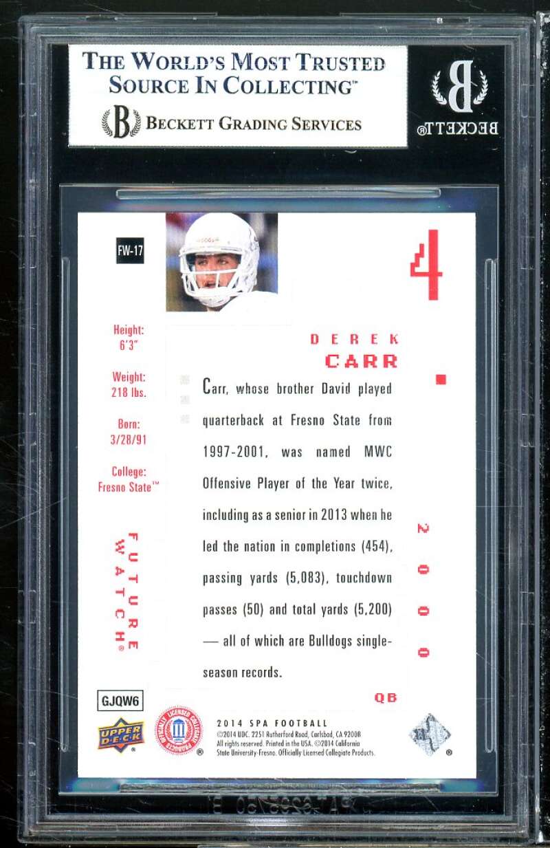 Derek Carr Rookie Card 2014 SP Authentic Future Watch #FW17 BGS 8.5 Image 2