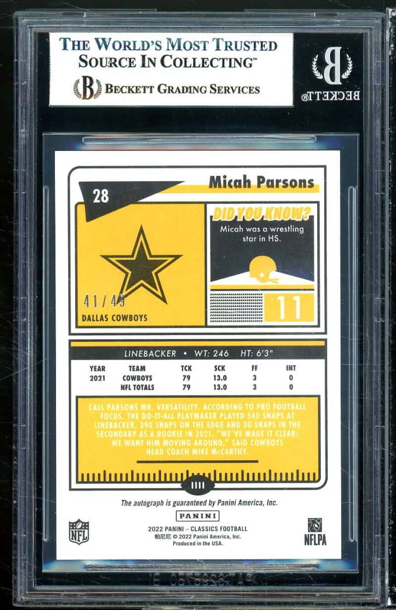 Micah Parsons Card 2022 Classics Premium Edition Sig Signatures Gold #29 BGS 9 Image 2