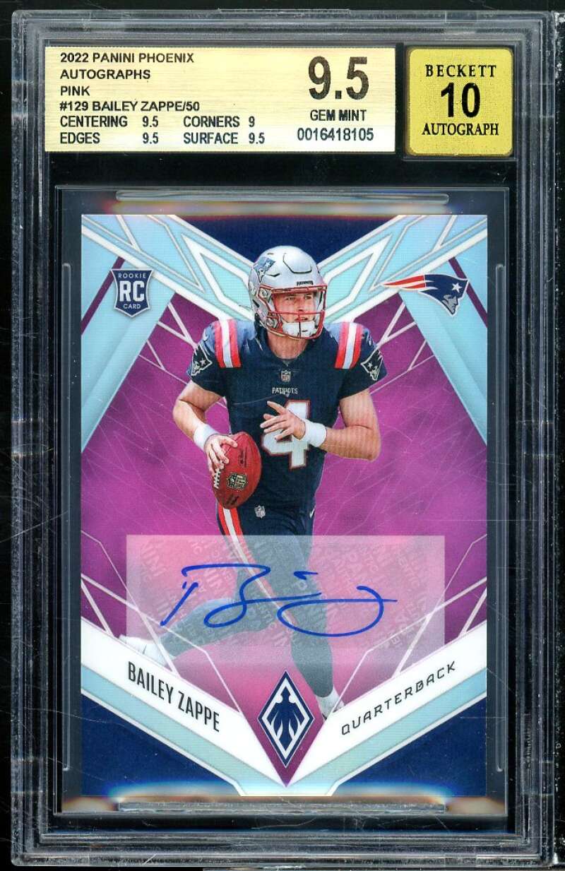 Bailey Zappe Rookie 2022 Panini Phoenix Autographs Pink (pop 1) #129 BGS 9.5 Image 1