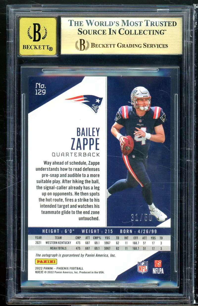 Bailey Zappe Rookie 2022 Panini Phoenix Autographs Pink (pop 1) #129 BGS 9.5 Image 2