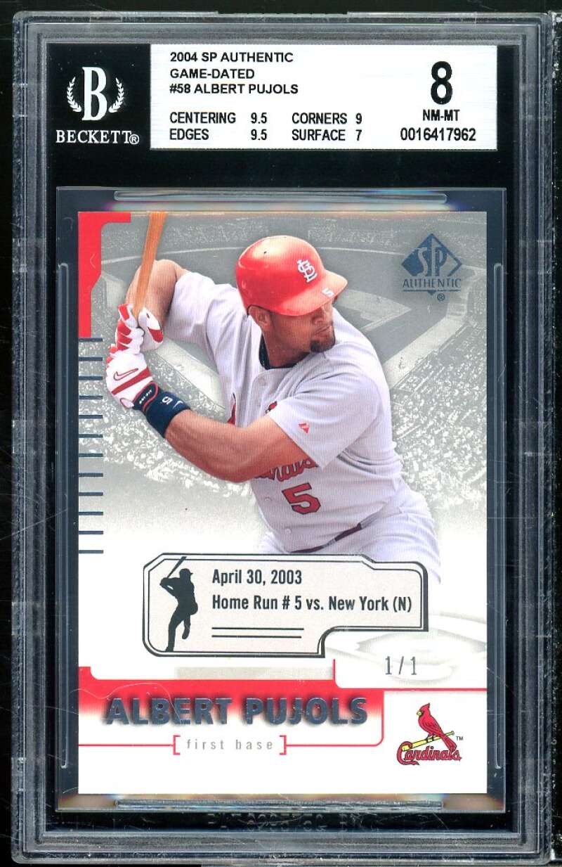 Albert Pujols Card 2004 SP Authentic Game-Dated #58 (ser #d 1 of 1) BGS 8 Image 1