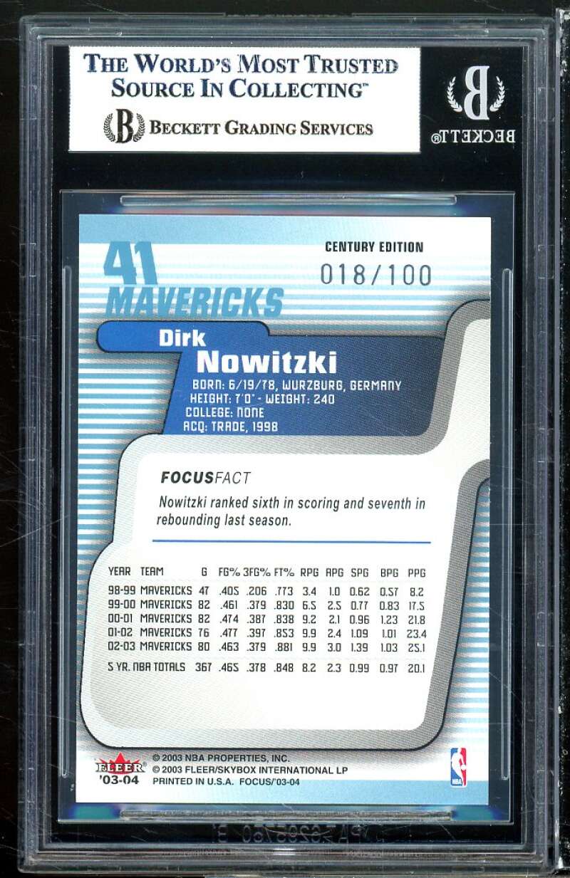 Dirk Nowitzki Card 2003-04 Fleer Focus Numbers Century (pop 1) #41 BGS 9 Image 2