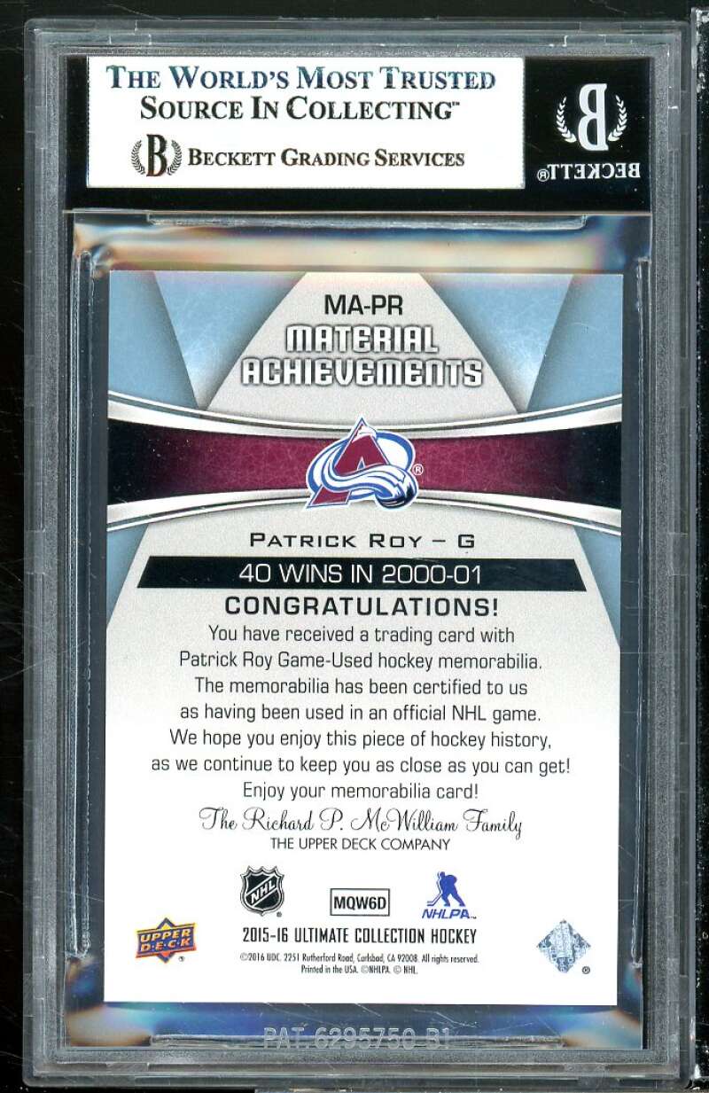 Patrick Roy Card 2015-16 Ultimate Collection Materials Achievements #mapr BGS 9 Image 2