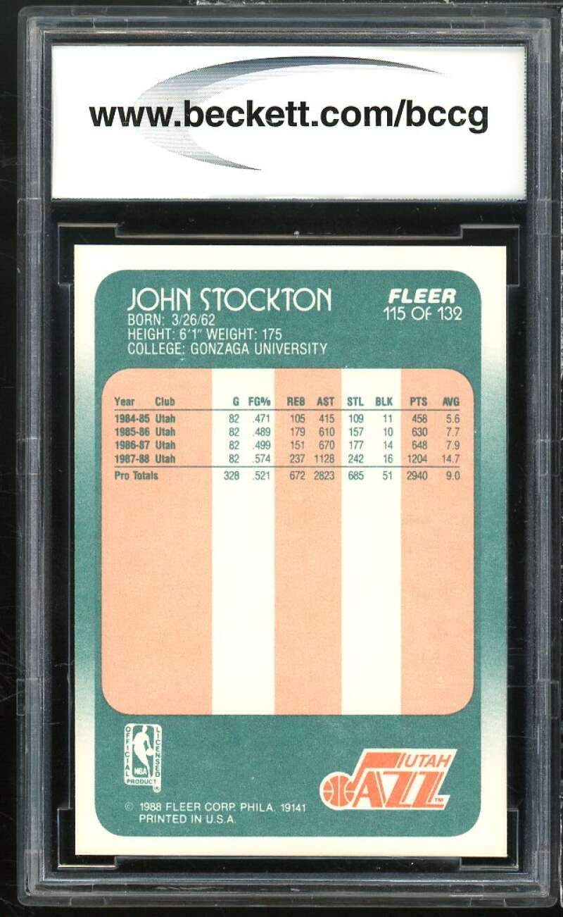 1988-89 Fleer #115 John Stockton Rookie Card BGS BCCG 9 Near Mint+ Image 2