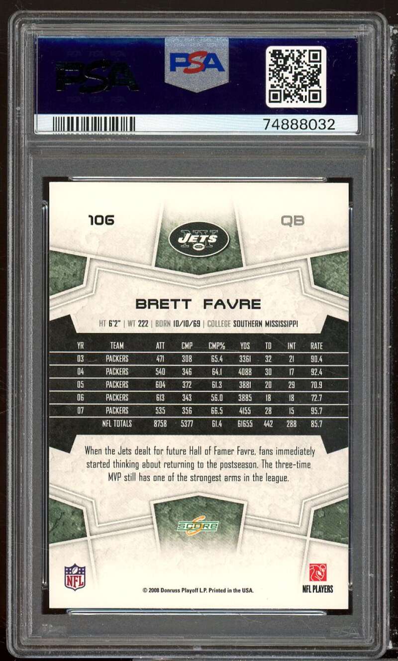 Brett Favre Card 2008 Score Super Bowl XLIII Blue #106 PSA 10 Image 2