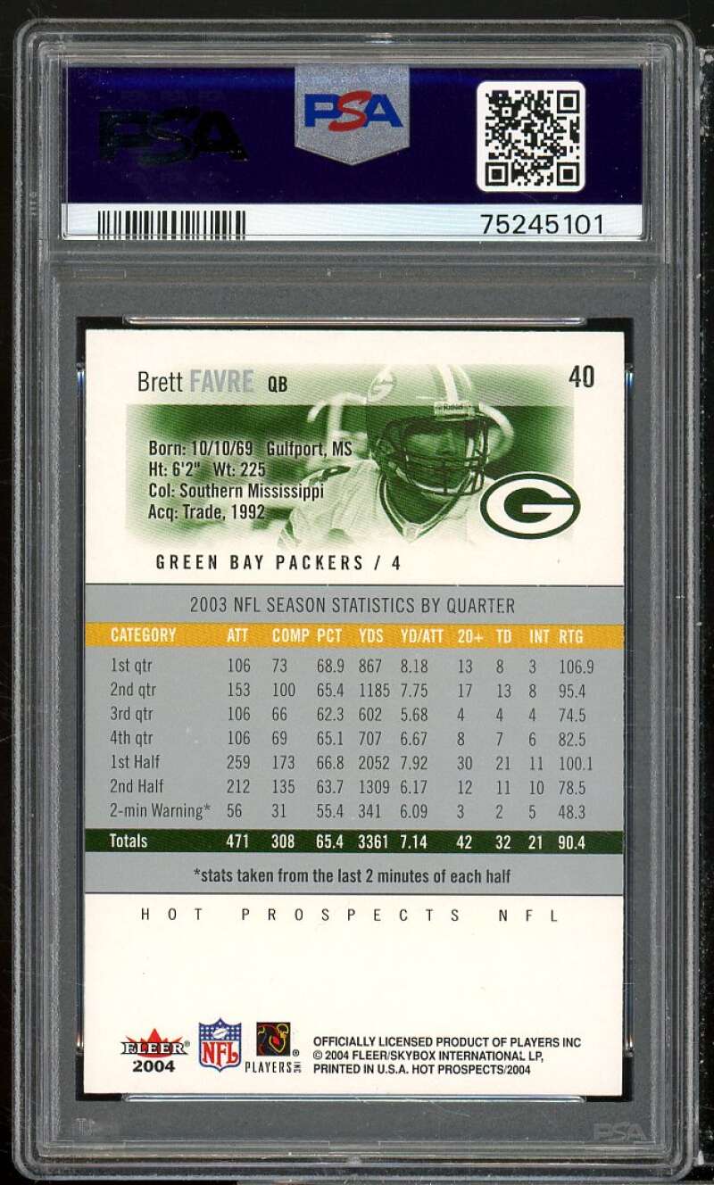 Brett Favre Card 2004 Fleer Hot Prospects #40 PSA 10 Image 2