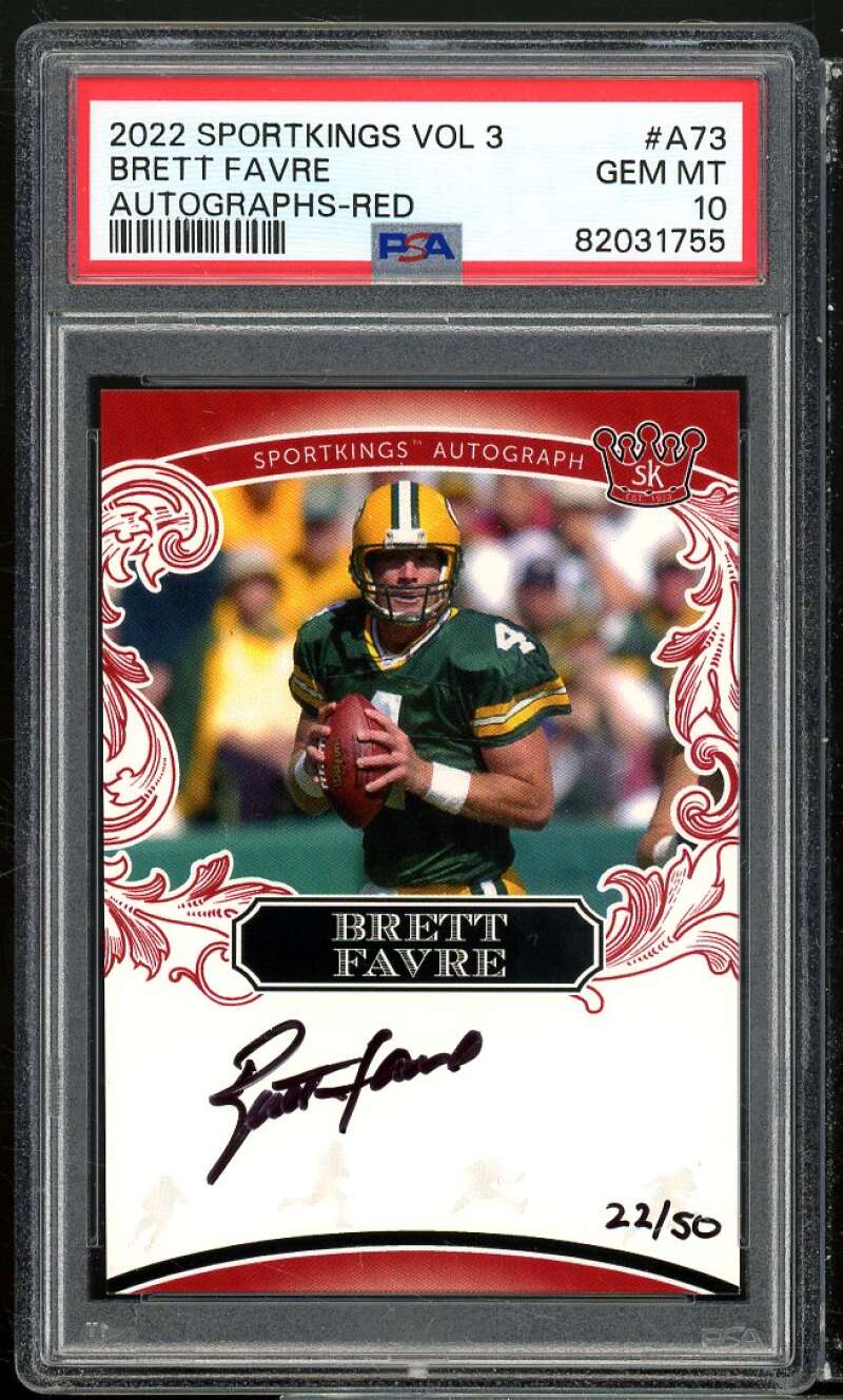 Brett Favre Card 2022 Sportkings Vol 3 Autographs Red #a73 (pop 1) PSA 10 Image 1