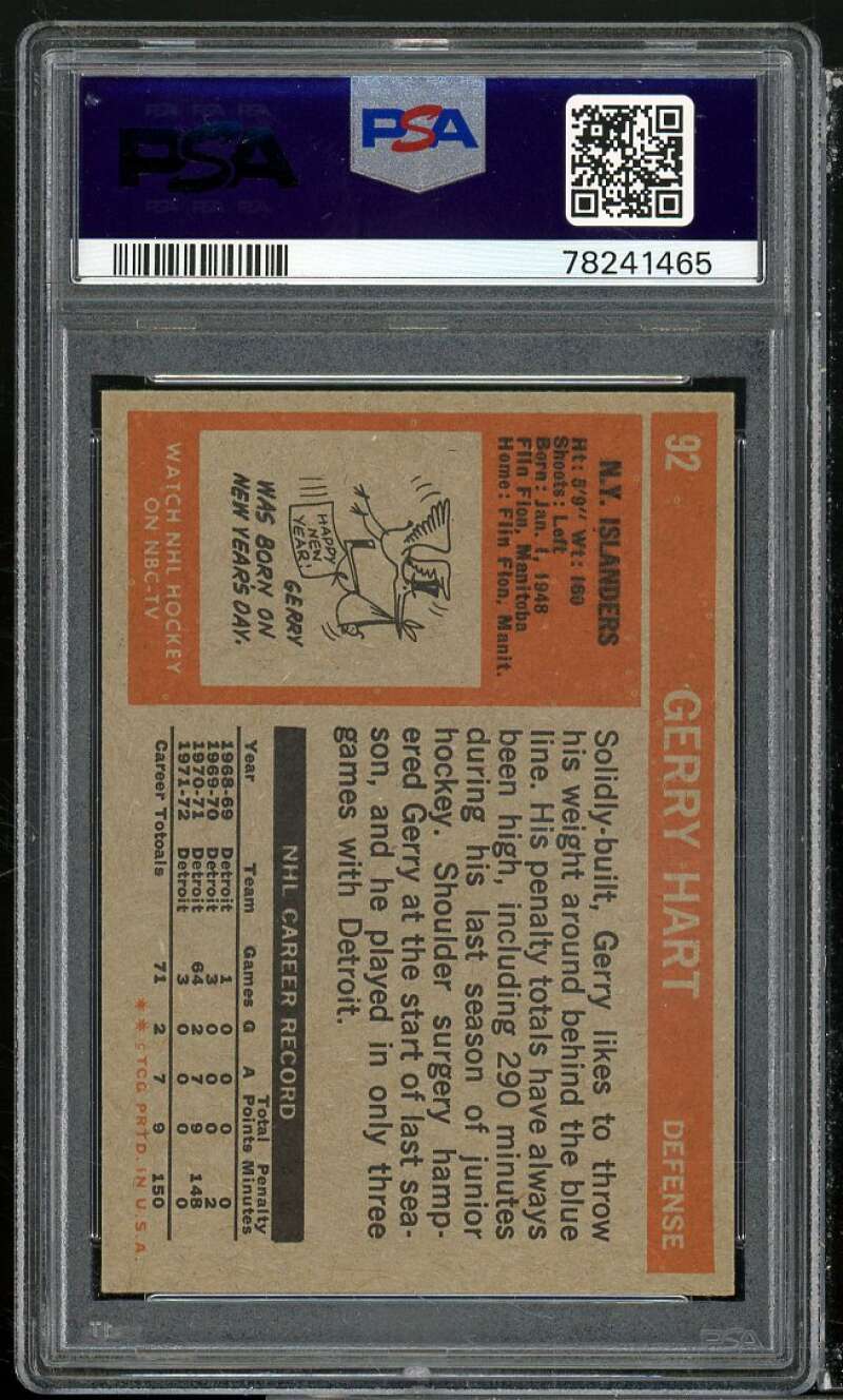 Gerry Hart Card 1972-73 Topps #92 PSA 9 Image 2