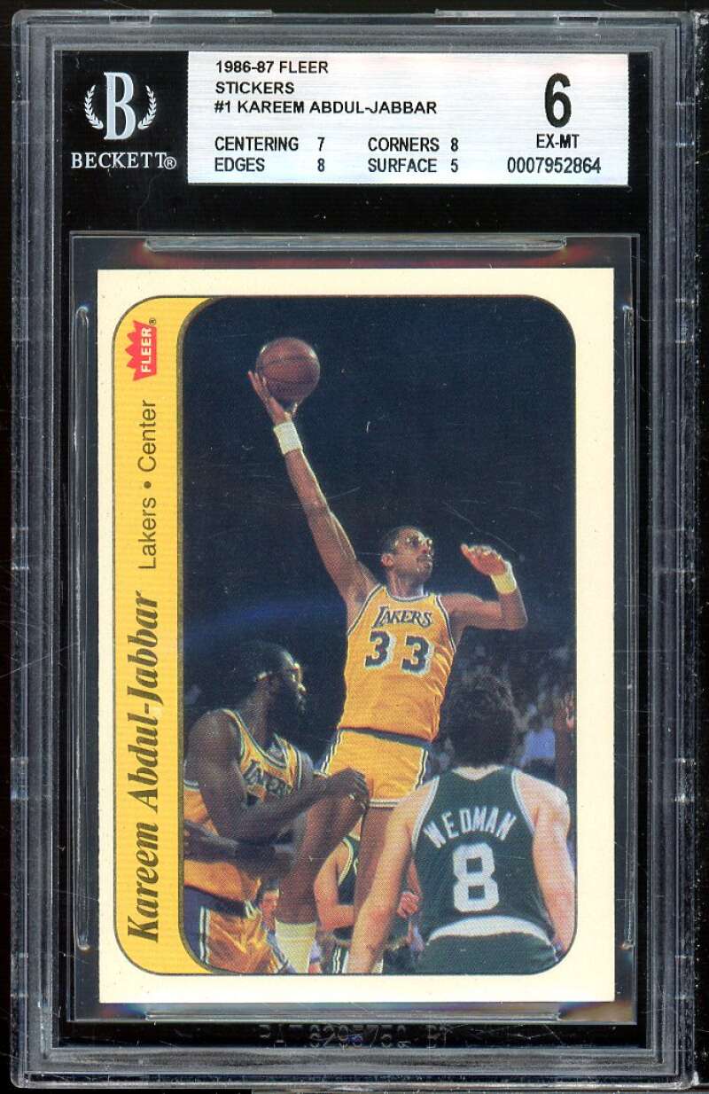 Kareem Abdul-Jabbar Card 1986-87 Fleer Stickers #1 BGS 6 (7 8 8 5) Image 1