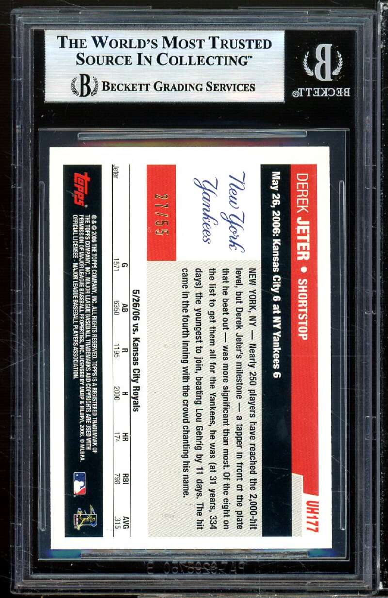 Derek Jeter Card 2006 Topps Update Black #uh177 (pop 1) BGS 8.5 (8 9 9 8.5) Image 2