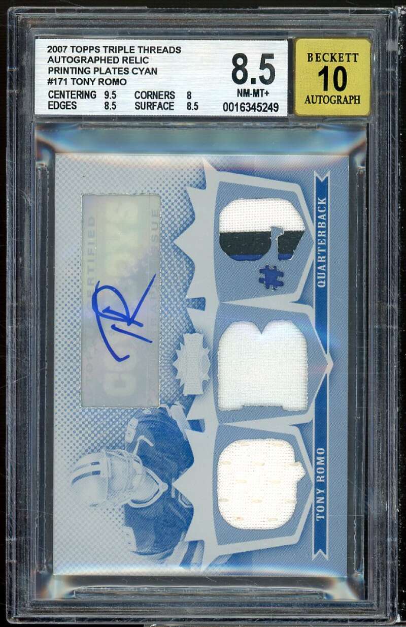 Tony Romo Card 2007 Topps Triple Threads Autographed Relic PP (1/1) #171 BGS 8.5 Image 1