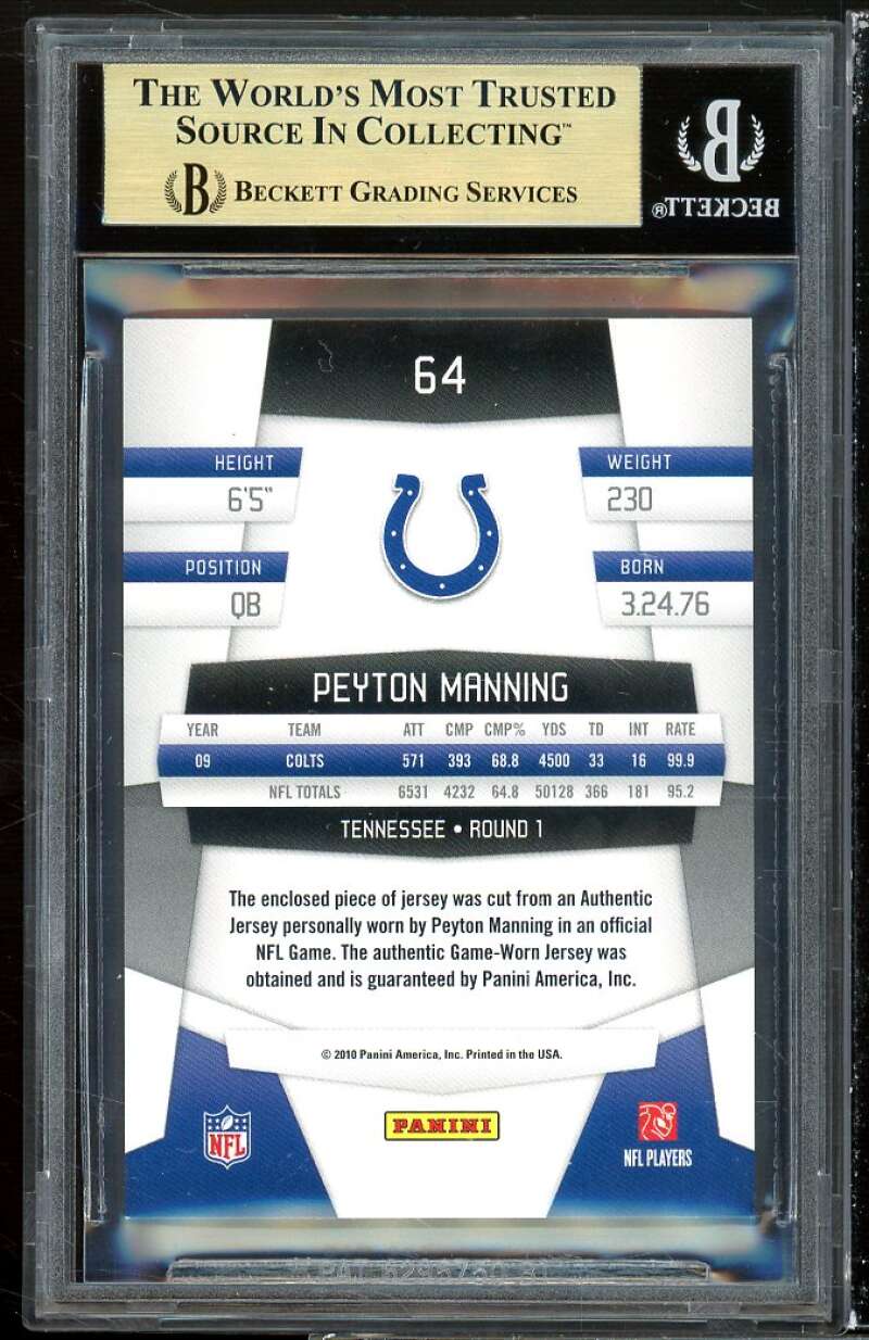 Peyton Manning Card 2010 Certified Mirror Blue Materials #64 BGS 9.5 Image 2