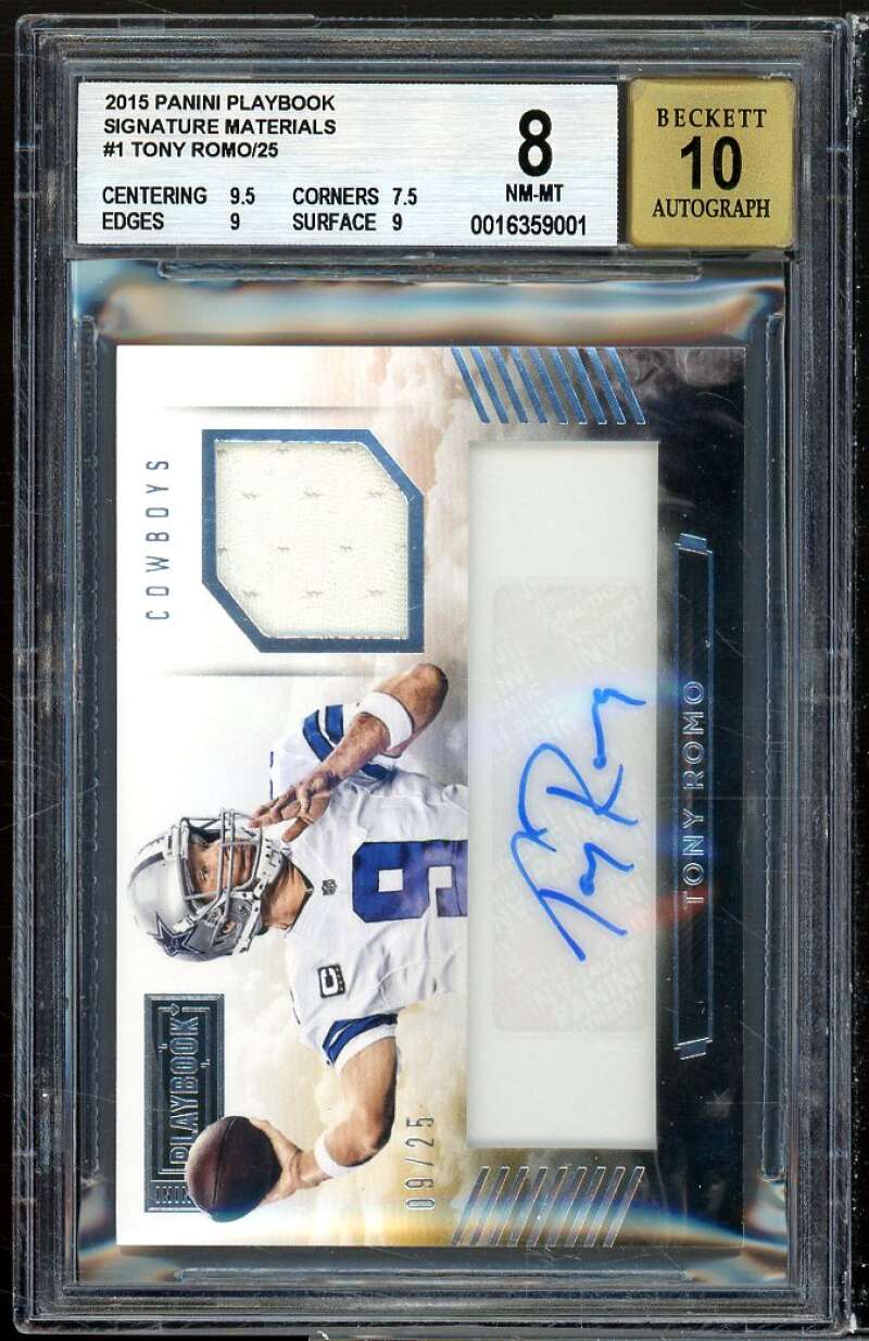 Tony Romo Card 2015 Panini Playbook Signature Materials #1 BGS 8 (9.5 7.5 9 9) Image 1